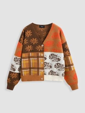 Cider Mushroom Patchy Cardigan Sweater